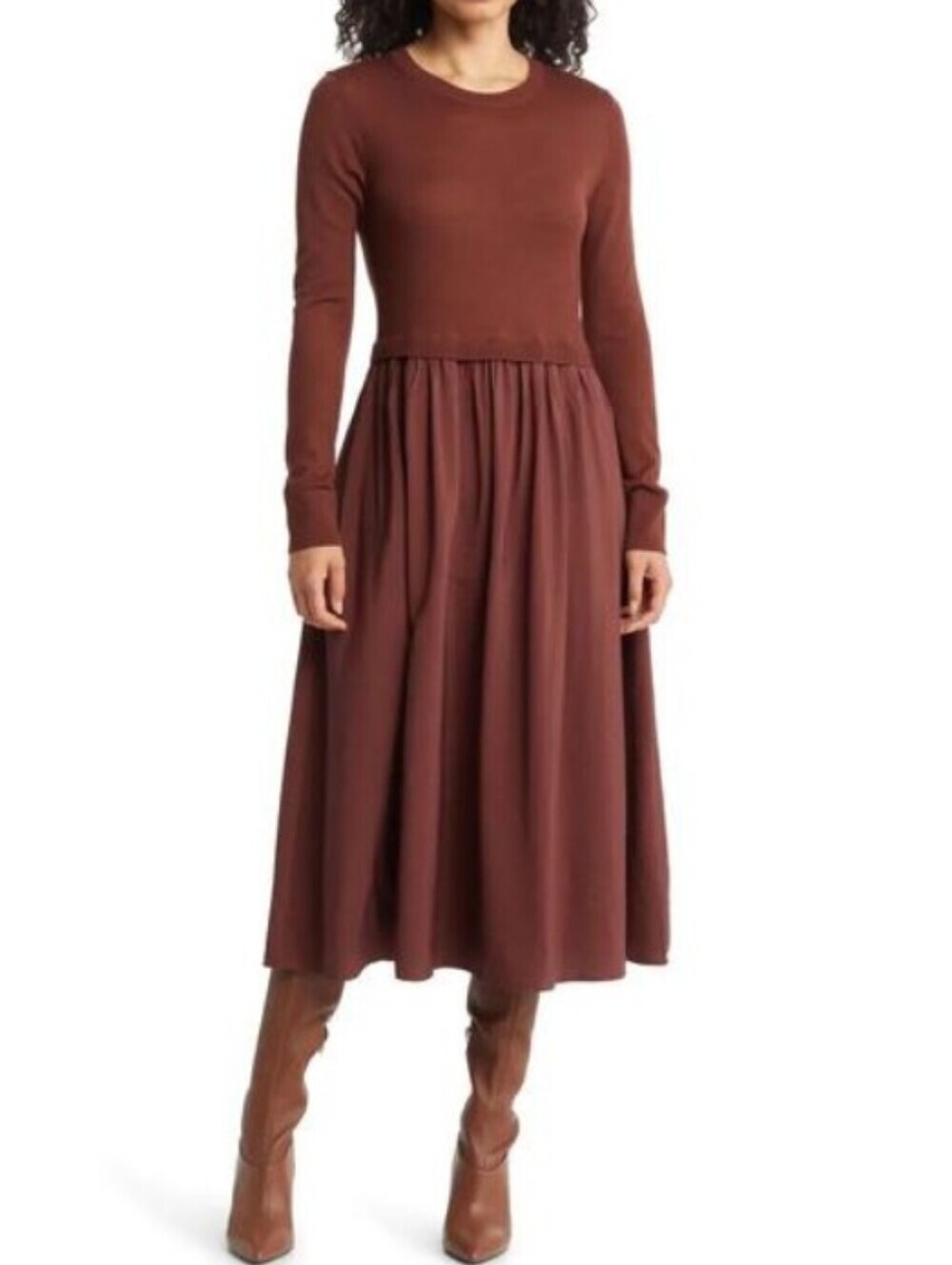 Nordstrom Merino Wool Blend Brown Ribbed Crewneck Sweater Dress Size XS